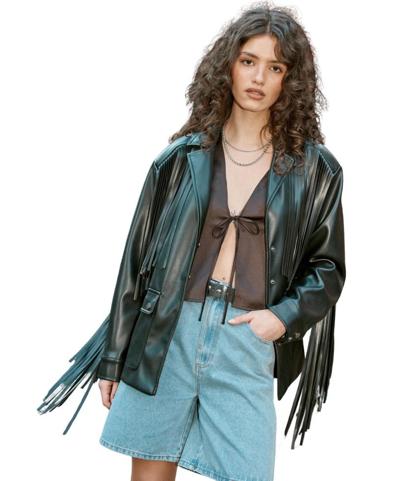 Women's Fringe Faux Leather Belted Jacket