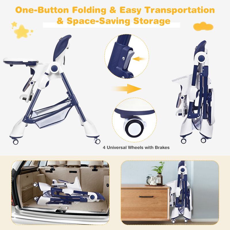 Adjustable Baby High Chair with Lockable Wheels and Tray