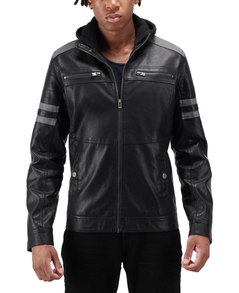 XRAY Men's Grainy PU Leather Hooded Jacket With Faux Shearling Lining
