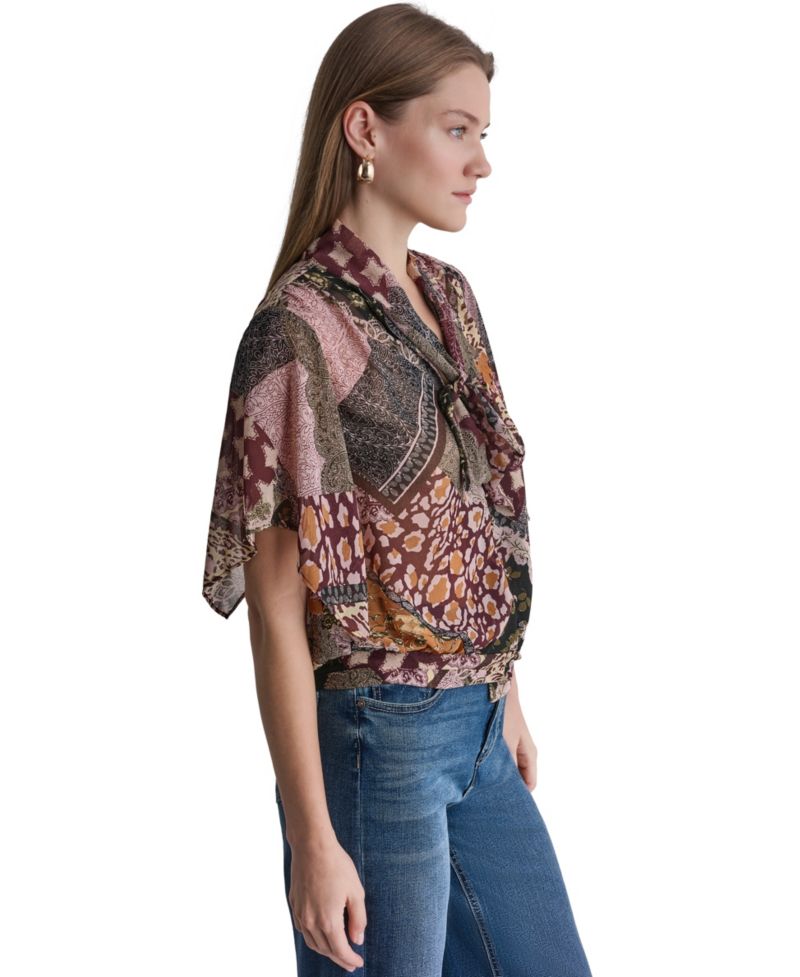 Women's Bow Neck Mixed Print Short-Sleeve Blouse