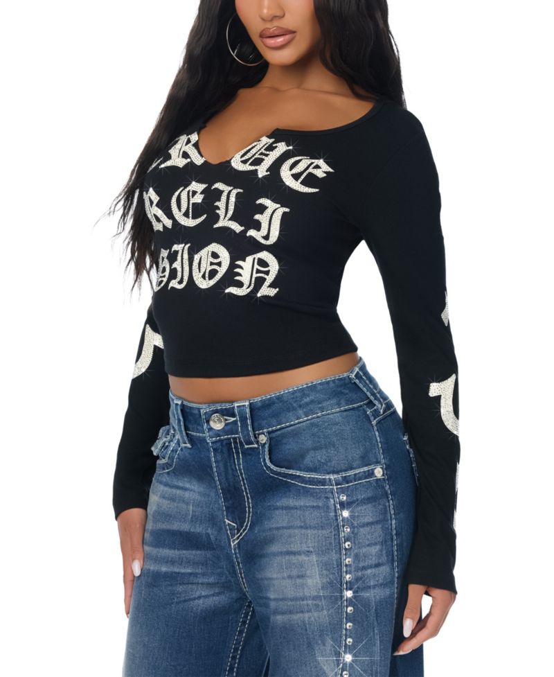 Women's Crystal Tattoo Long-Sleeve Graphic Crop Top
