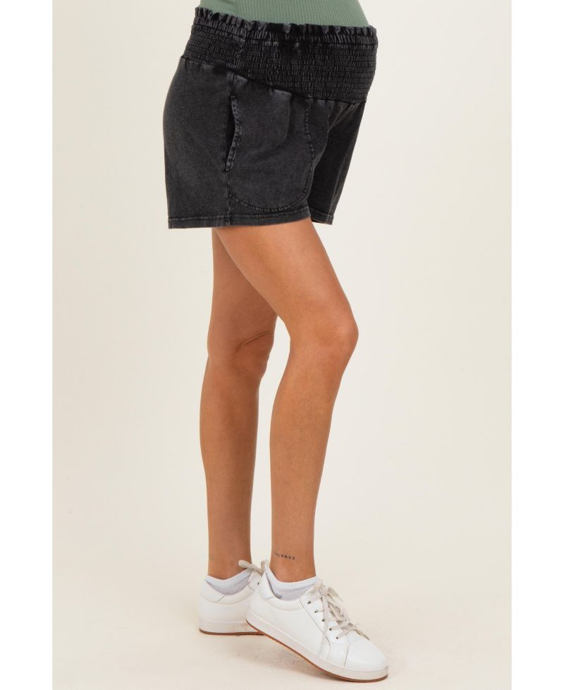 Women's Black Smocked Waist Mineral Wash Shorts