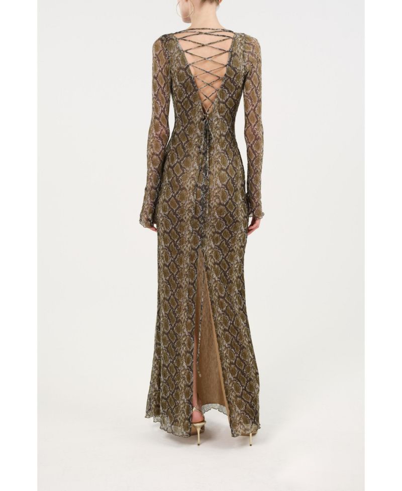 Women's Snake Print Ring Detail Long Sleeve Maxi Dress