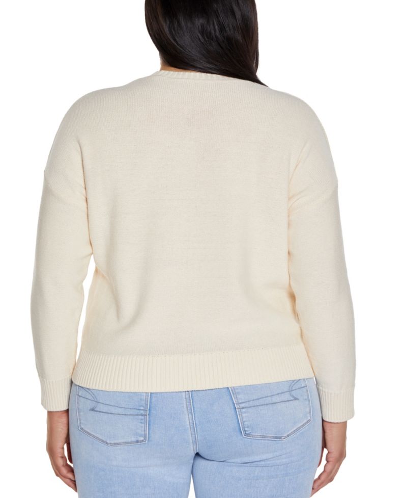 Plus Size 3D Floral Crewneck Trim Sweater