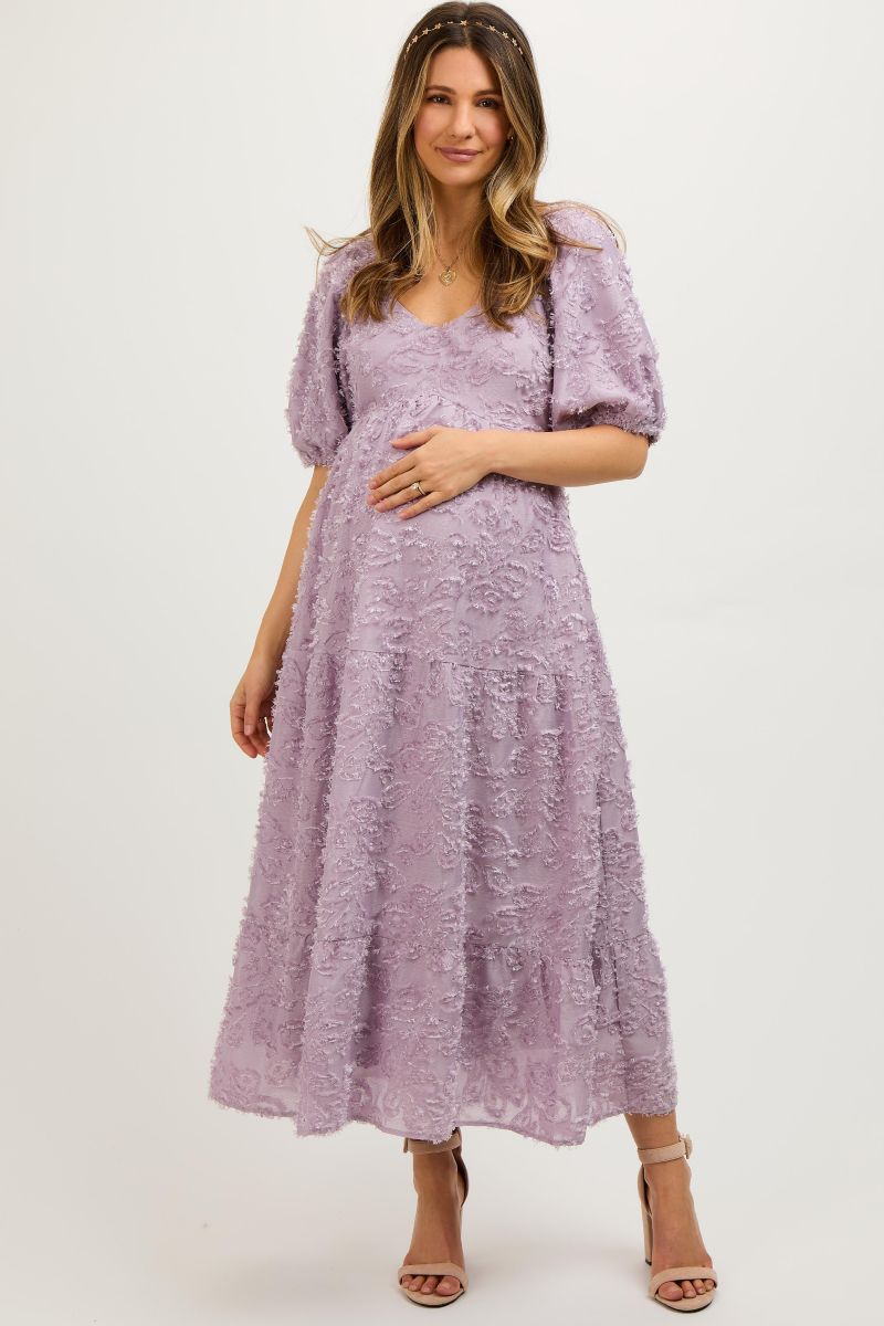 Women's Lavender Fringe Textured Short Puff Sleeve Midi Dress