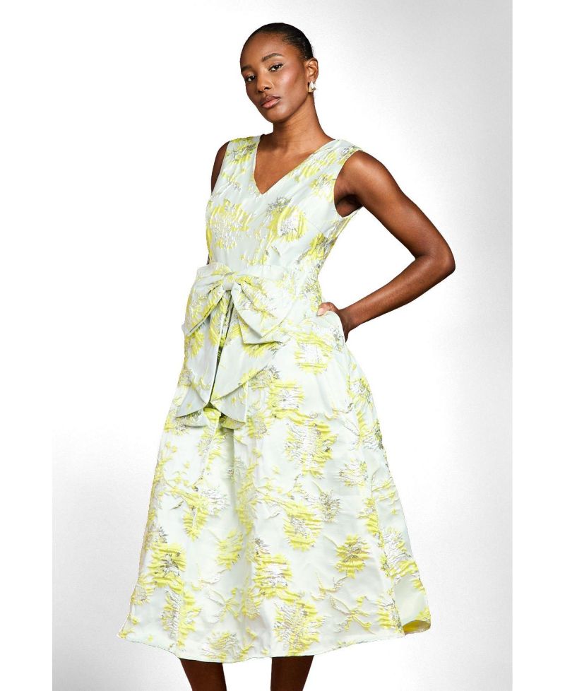 Women's V-Neck Bow Jacquard Midi Dress