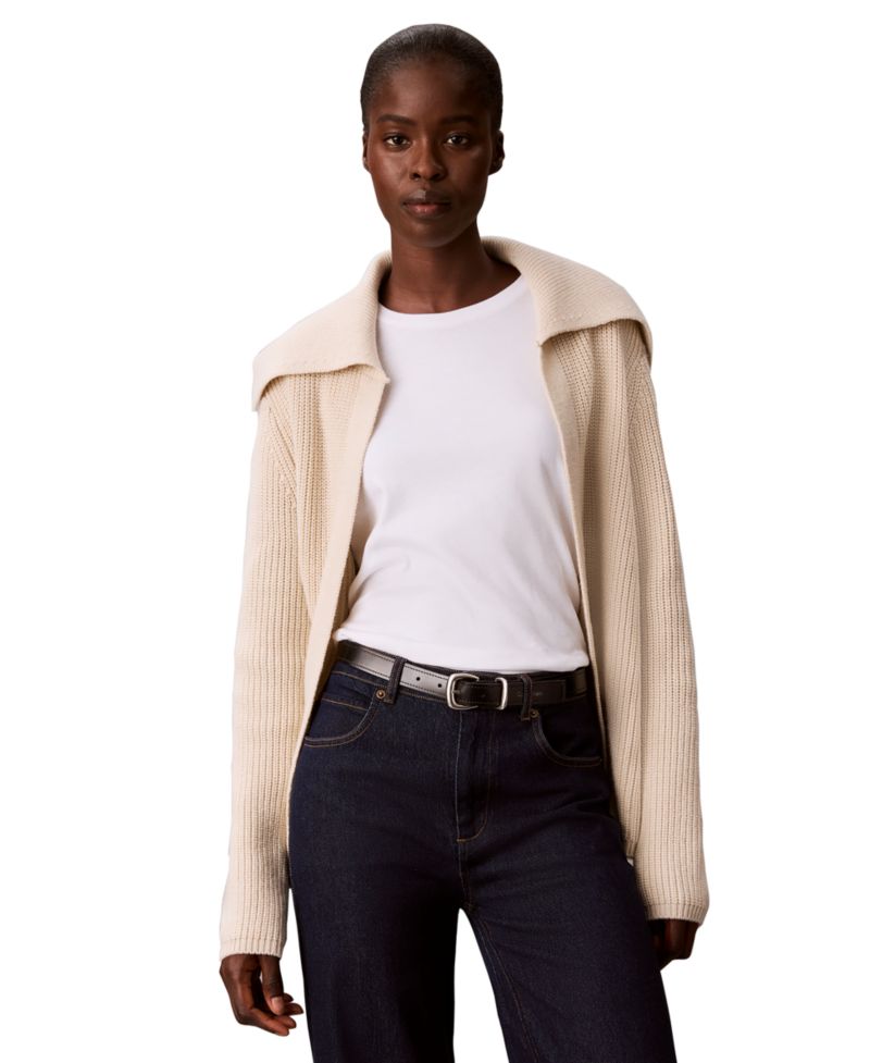 Women's Open-Front Collared Wool-Blend Cardigan Sweater