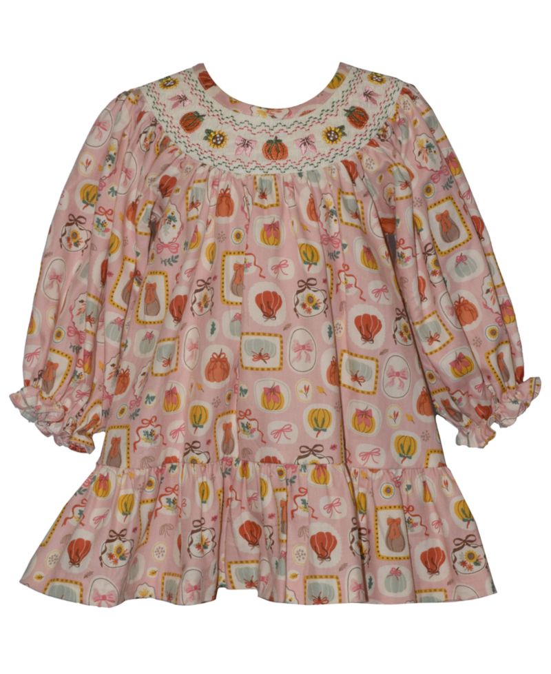 Baby Girls' Smocked Pumpkins Long-Sleeve Dress with Diaper Cover, 2-Piece set