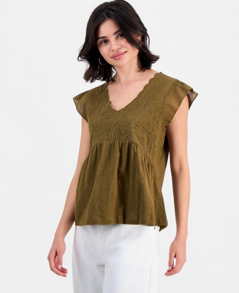 Petite Embroidered Cotton Flutter-Sleeve Top