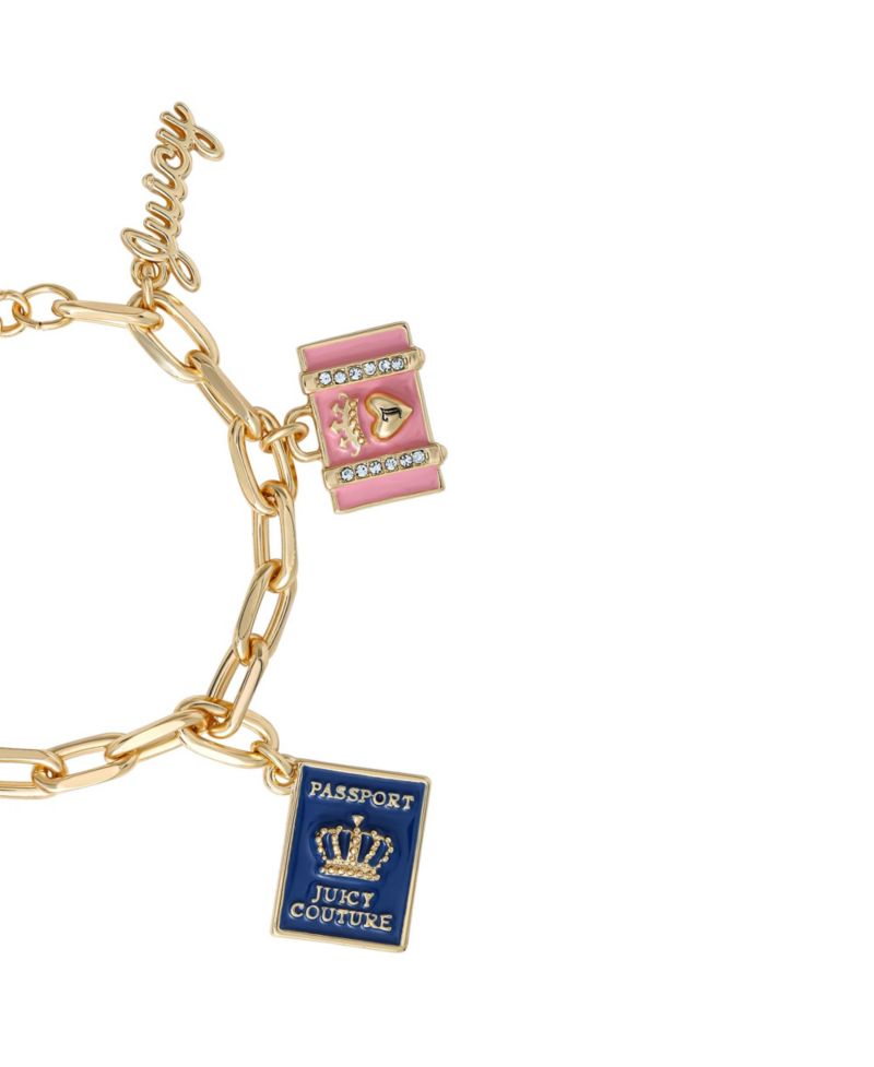 Travel Icons Charm Bracelet, Gold Tone with Blue and Pink Enamel