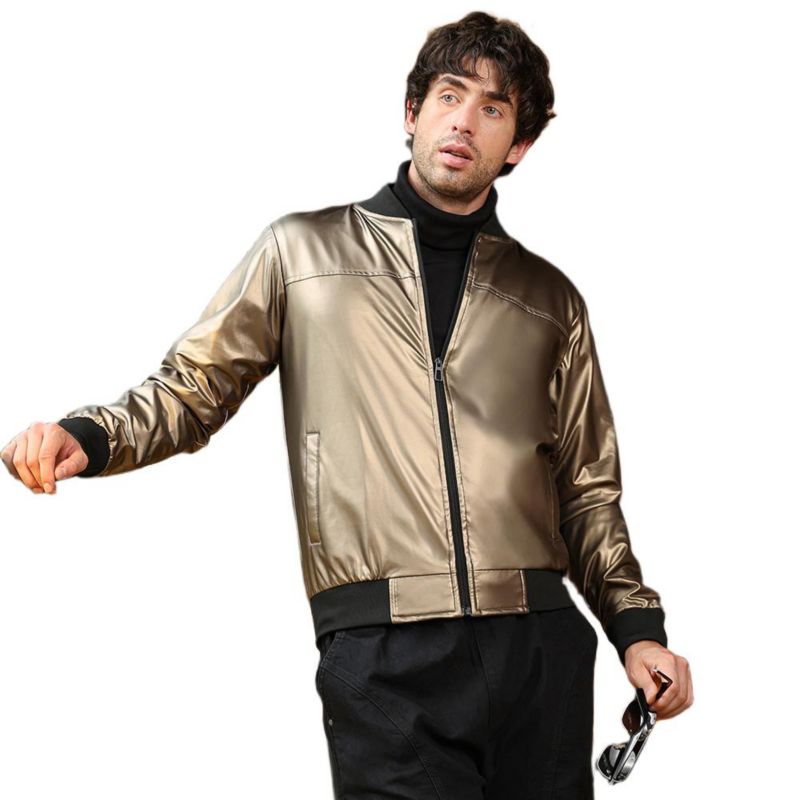 Men's Antique Bronze Patent-Panel Bomber Jacket