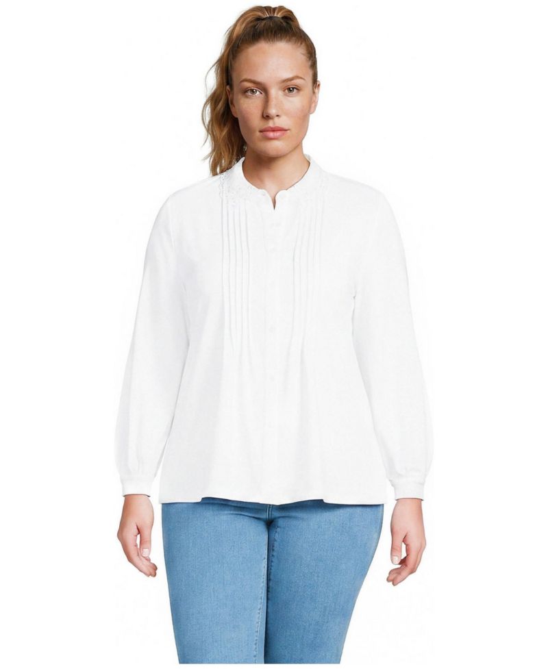 Plus Size Cotton Pintuck Lace Trim Collar Long-Sleeve Blouse