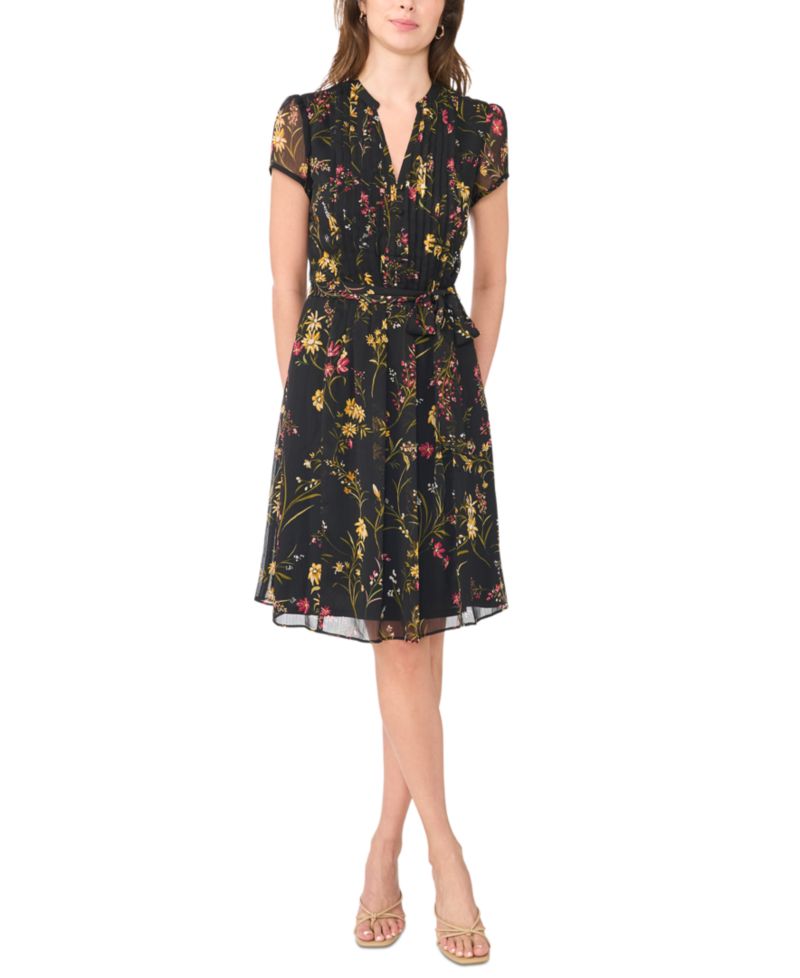 Women's Floral-Print Pintuck Short-Sleeve Shirtdress