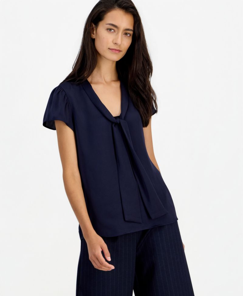 Women's Satin Tie-Neck Flutter-Sleeve Short-Sleeve Blouse