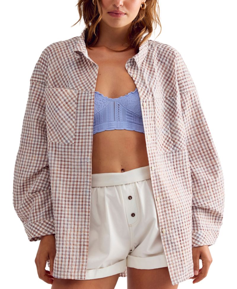 Women's Cross My Heart Gingham Long-Sleeve Relaxed-Fit Sleep Shirt