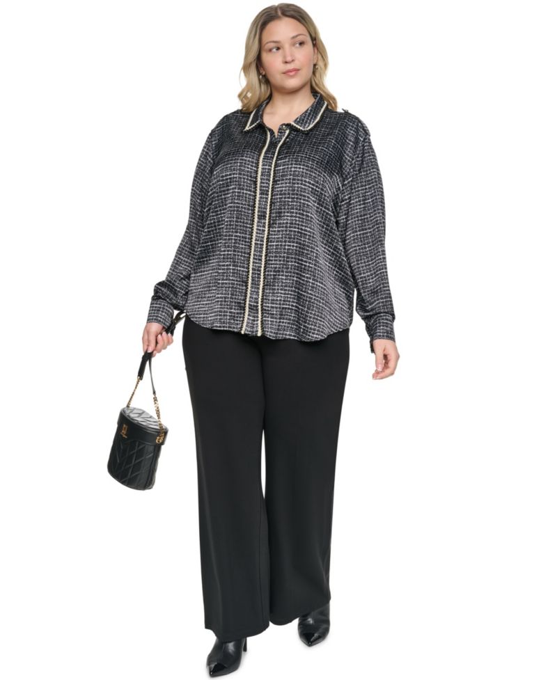 Plus Size Tweed Print Collared Long-Sleeve Top