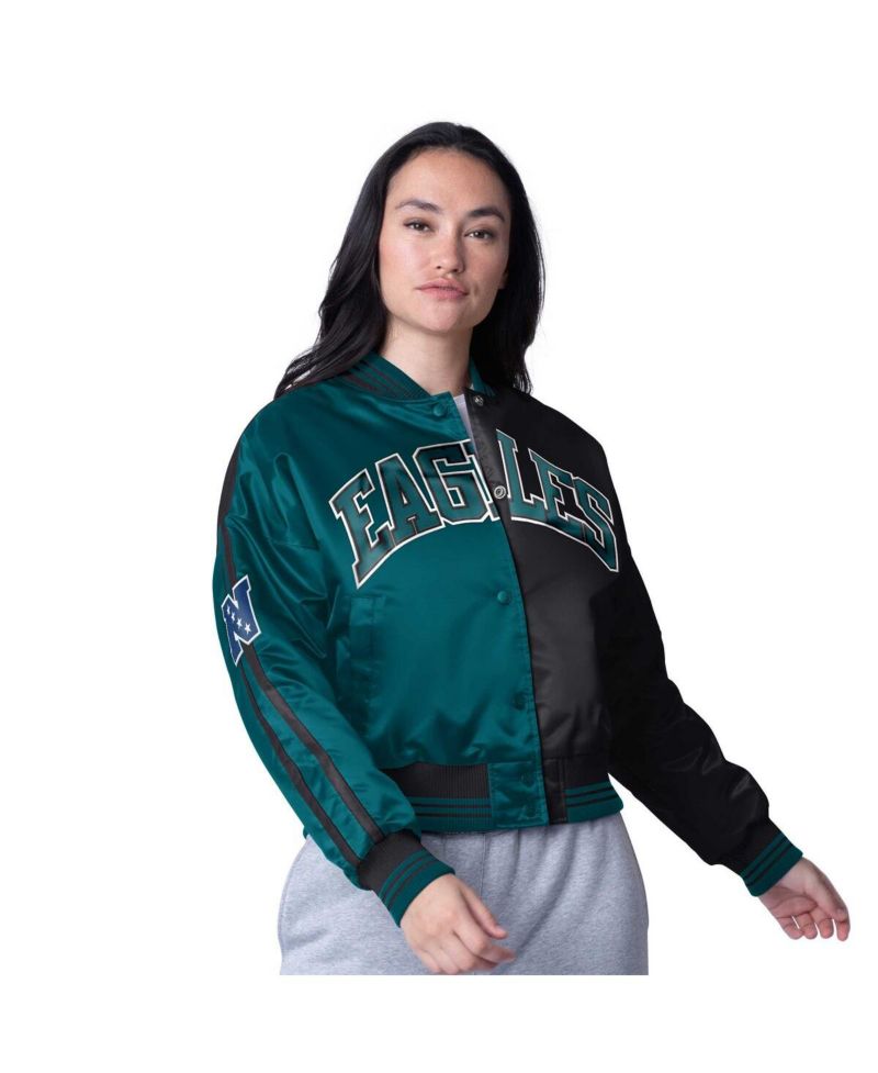 Women's Midnight Green/Black Philadelphia Eagles Zone Blitz Cropped Full-Snap Satin Jacket