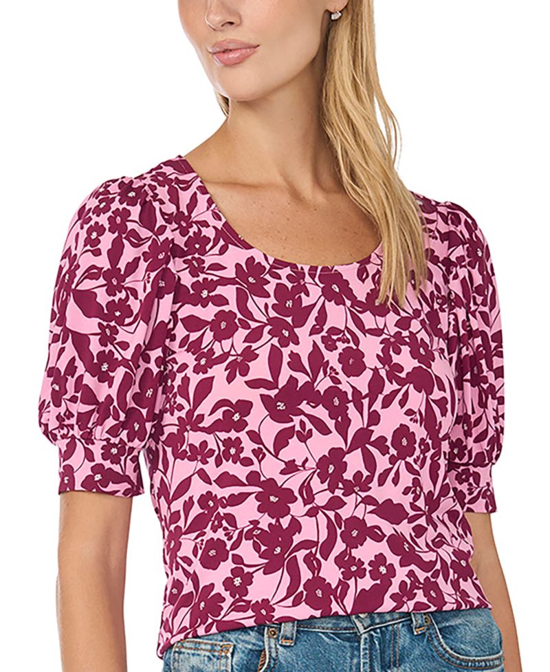 Women's Floral-Print Shirred Short-Sleeve Crewneck Blouse