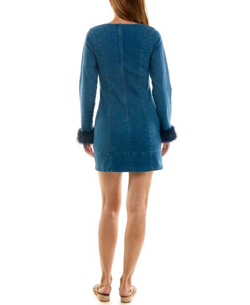 Juniors' Denim Long-Sleeve Faux-Fur Trim Mini Dress