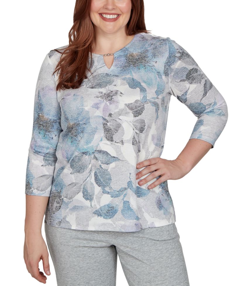 Petite Keyhole Neck 3/4-Sleeve Floral-Print Knit Top