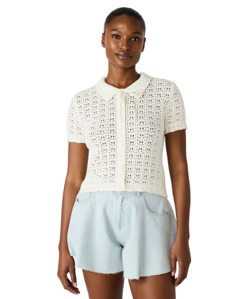 Women's Pointelle Ruffle Collared Cardigan Sweater