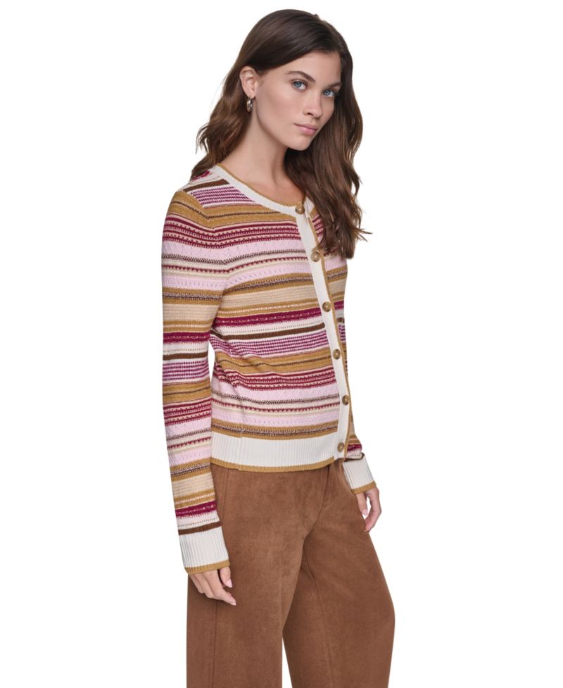 Women's Textured Variegated Stripe Crewneck Fitted Cardigan