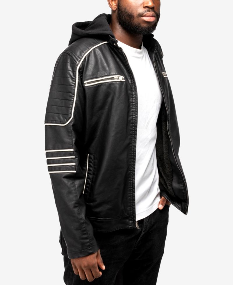 XRAY Men's Grainy PU Moto Jacket With Hood and Faux Shearling Lining