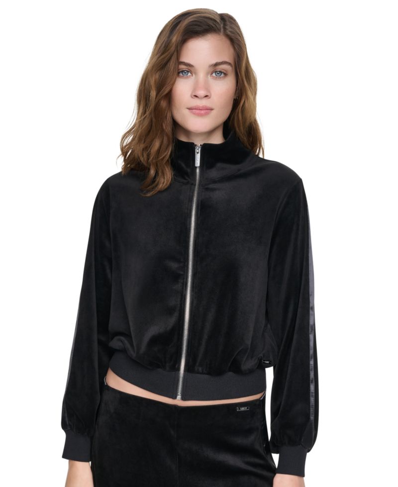 Petite Velour and Satin Trim Mock-Neck Zip-Front Jacket
