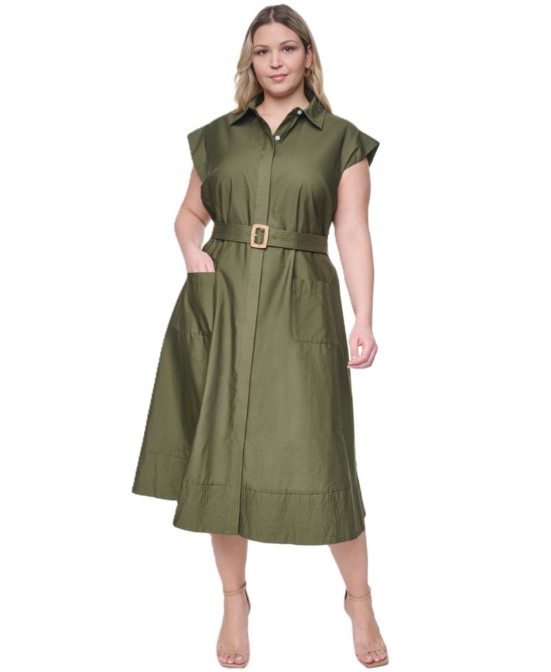 Plus Size Trapunto Stitch Short-Sleeve Belted Midi Shirt-Dress