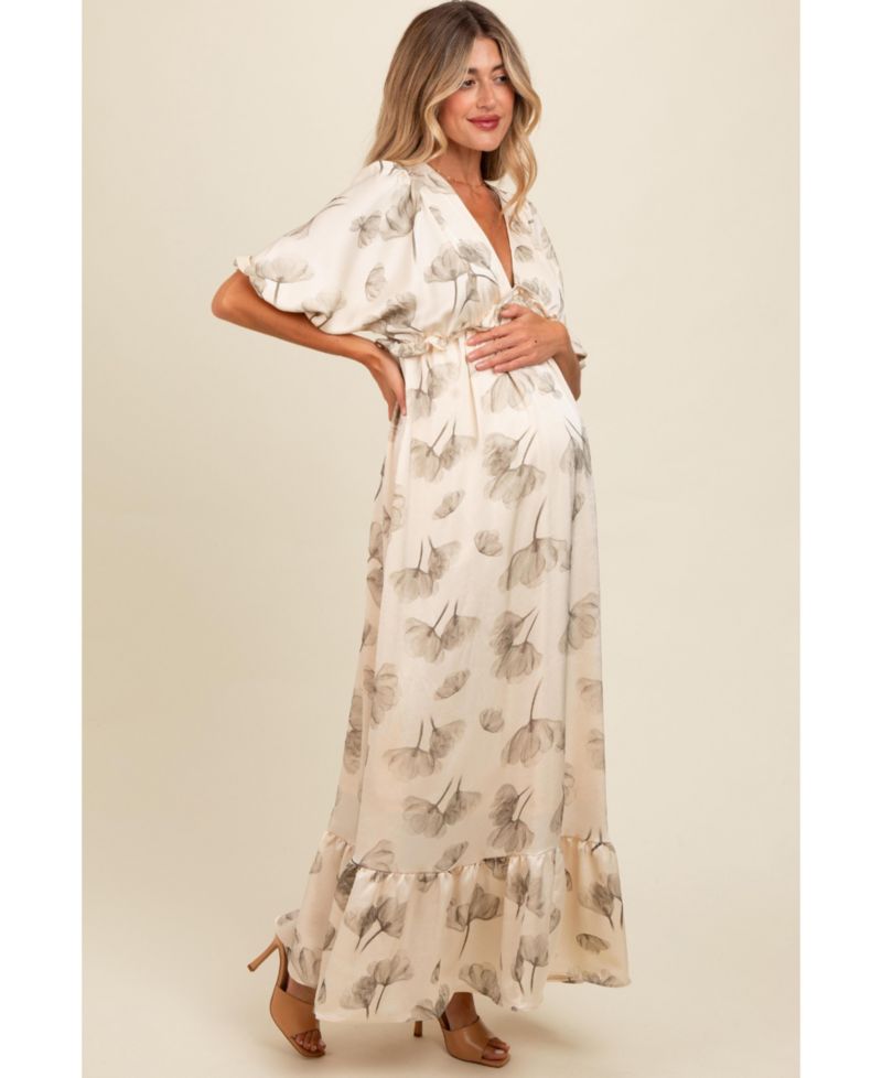 Women's Cream Floral Chiffon Ruffle Accent Maxi Dress