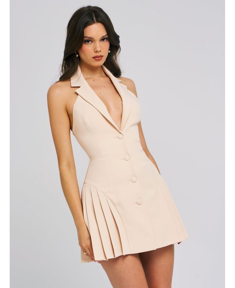 Women's Reyna Beige Backless Pleated Mini Blazer Dress