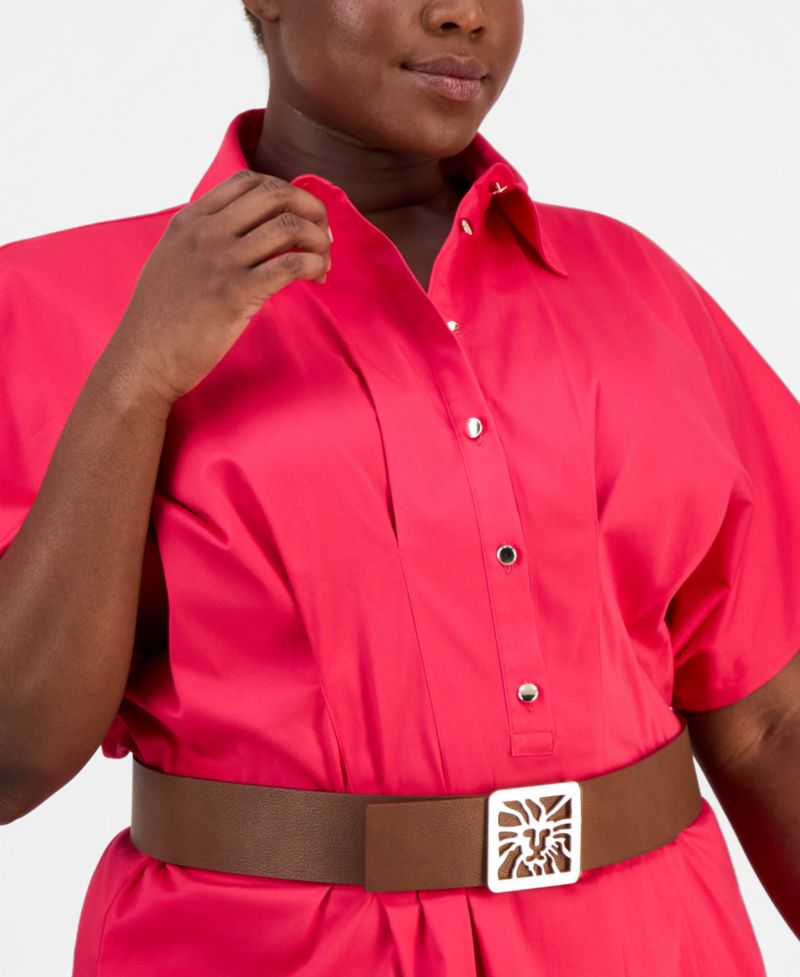 Plus Size Belted Pleated Midi Shirtdress