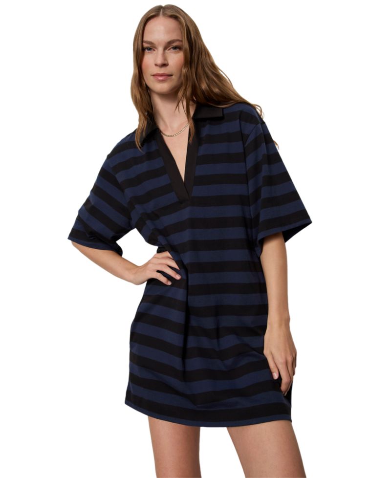 Women's Striped Oversized Spread Collar T-Shirt-Dress