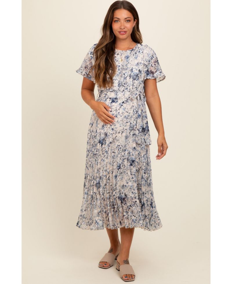 Women's Cream Floral Pleated Midi Dress