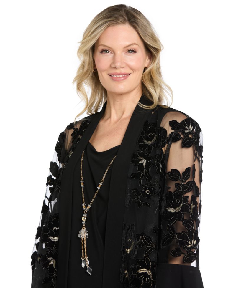 Petite Floral-Print Velvet Jacquard Burnout Jacket, Tank, and Pants, 3-Piece Set