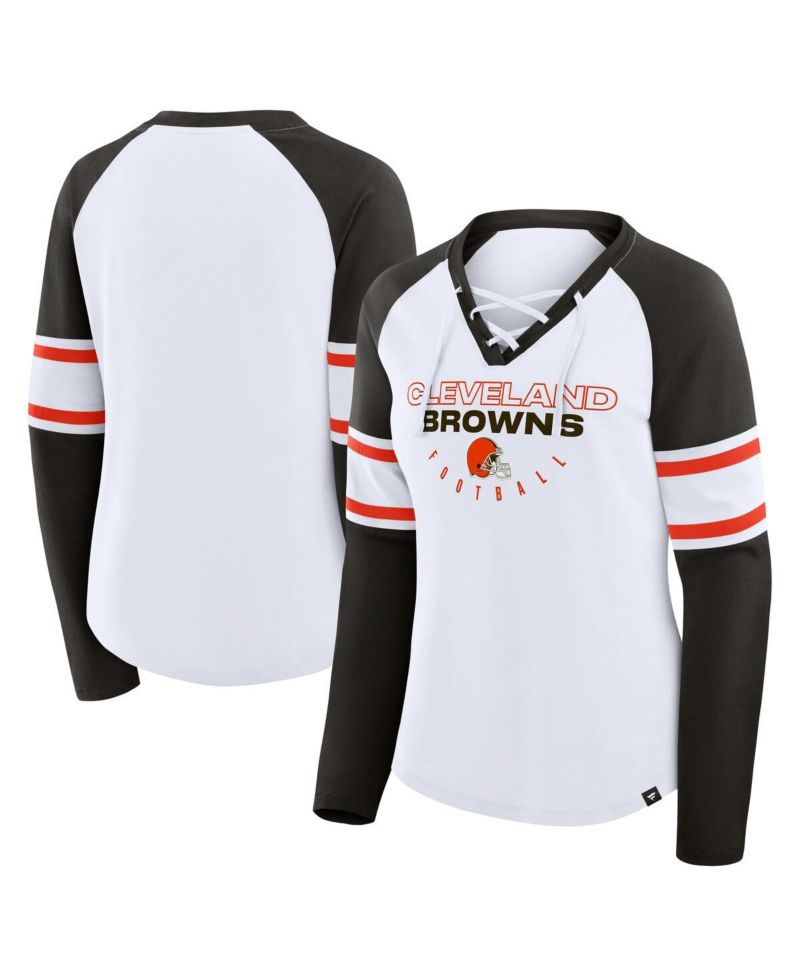 Women's White/Brown Cleveland Browns Redzone Blitz Package Raglan Lace-Up V-Neck Long Sleeve T-Shirt