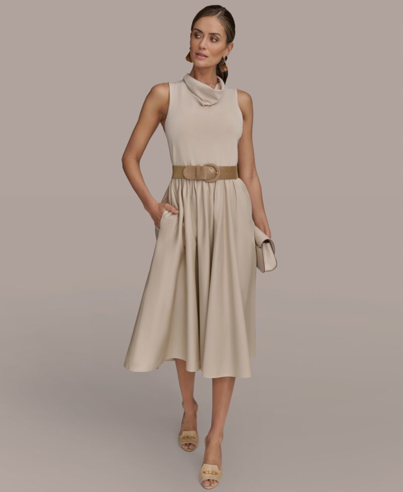 Women's Mixed-Media Belted Midi Dress