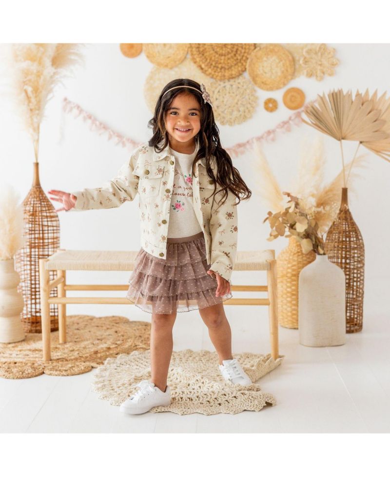 Girls' 4-16 Distressed Floral-Print Denim Jacket