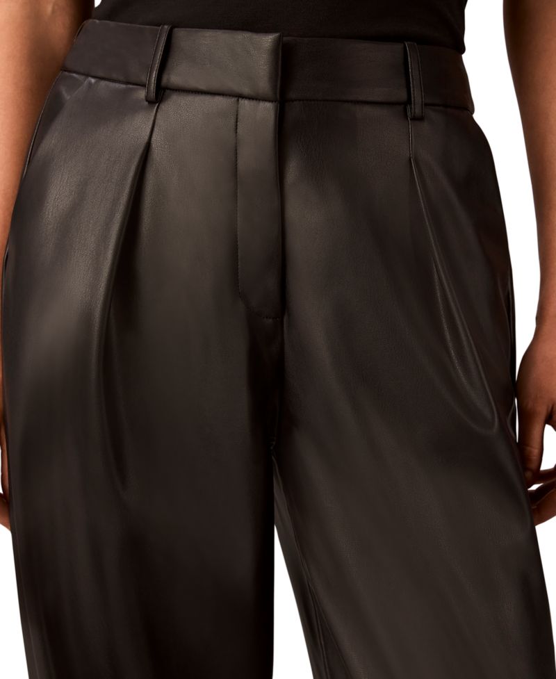 Women's Faux Leather High-Rise Pleated Barrel Leg Pants