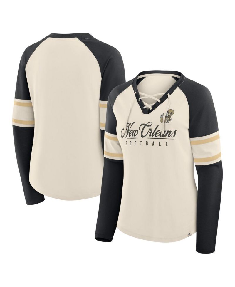 Women's Cream/Black New Orleans Saints Hometown Gridiron Hero Raglan Lace-Up V-Neck Long Sleeve T-Shirt