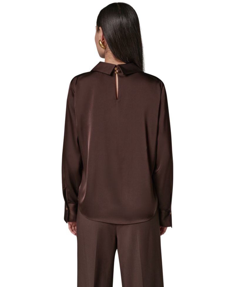 Women's Long-Sleeve Satin V-Neck Collared Blouse