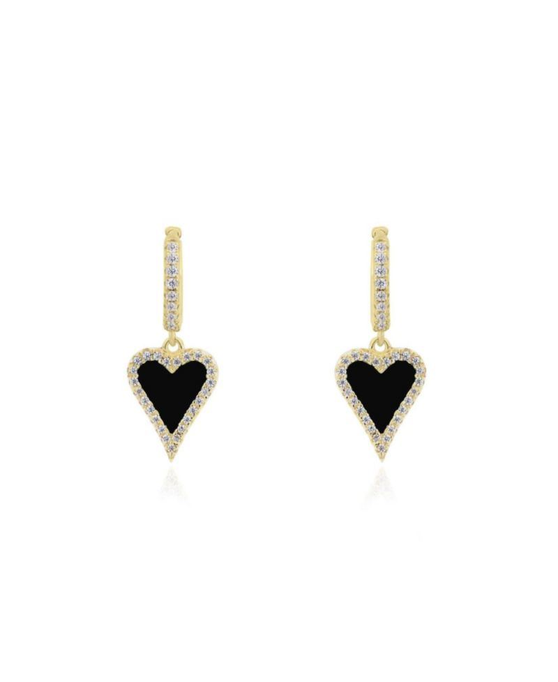 Mini Onyx CZ Halo Heart Dangle Earrings 14K Gold-Plated Sterling Silver