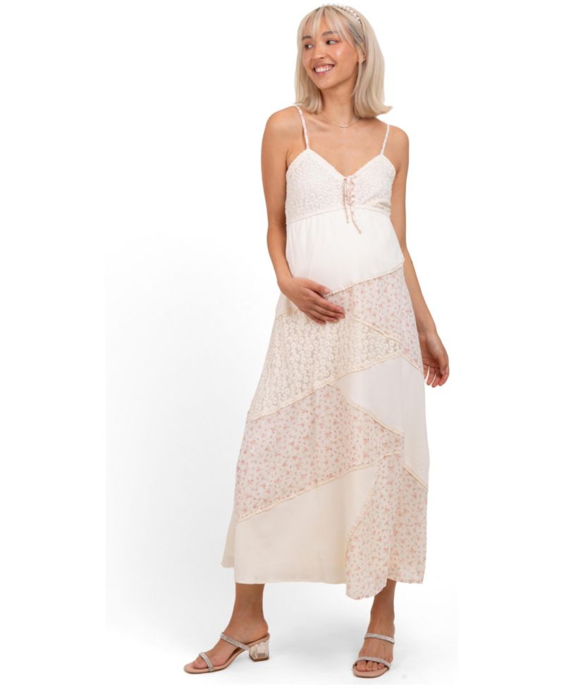 Women's Cream Floral Sweetheart Neck Midi Dress