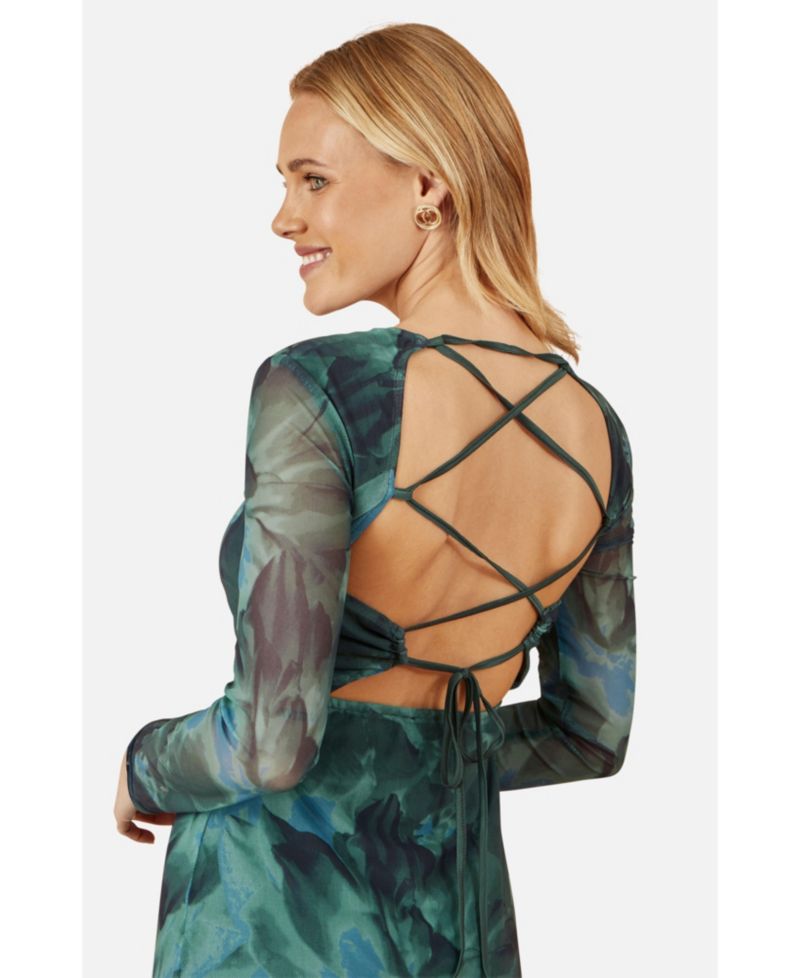 Women's Floral Mesh With Tie Back Bodycon Dress