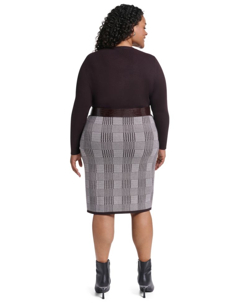 Plus Size Houndstooth-Plaid V-Neck Long-Sleeve Dress