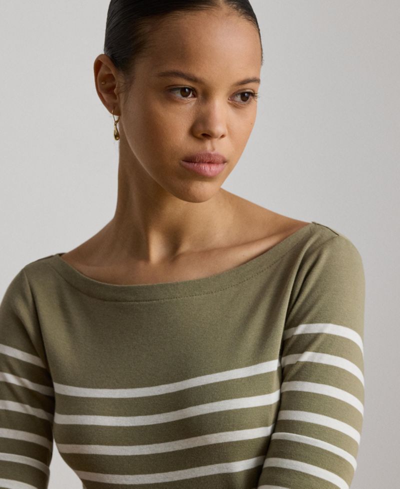 Women's Boat Neck Breton-Stripe Ribbed Midi Dress
