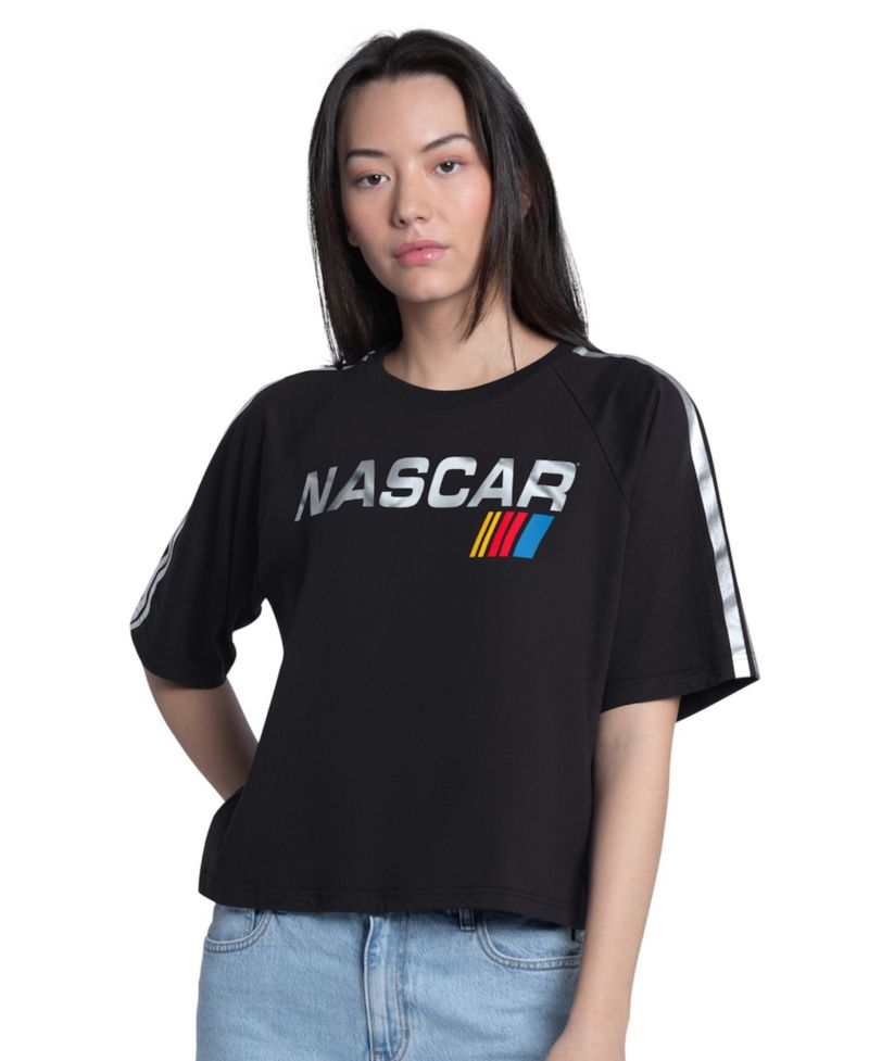 Women's Black NASCAR Merchandise Raglan Cropped Classic Play Silver Trim T-Shirt