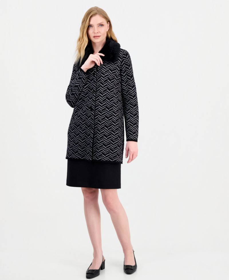 Petite Faux-Fur Collar Patch-Pocket Long-Sleeve Cardigan