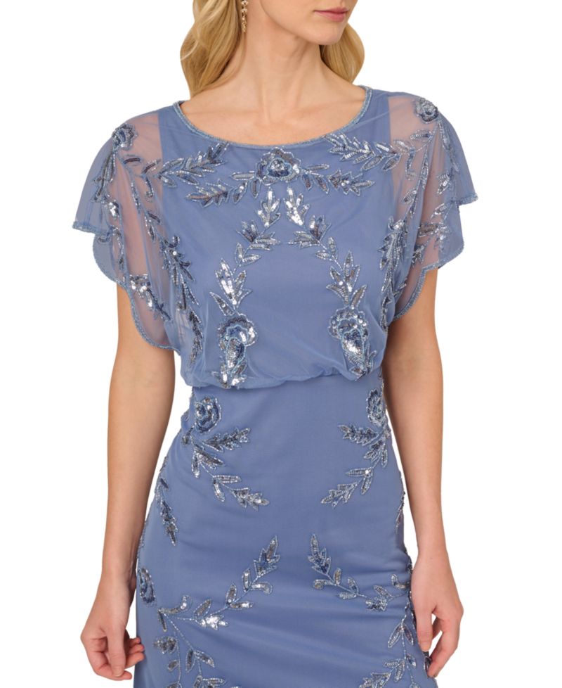 Women's Beaded Flutter-Sleeve Blouson Gown