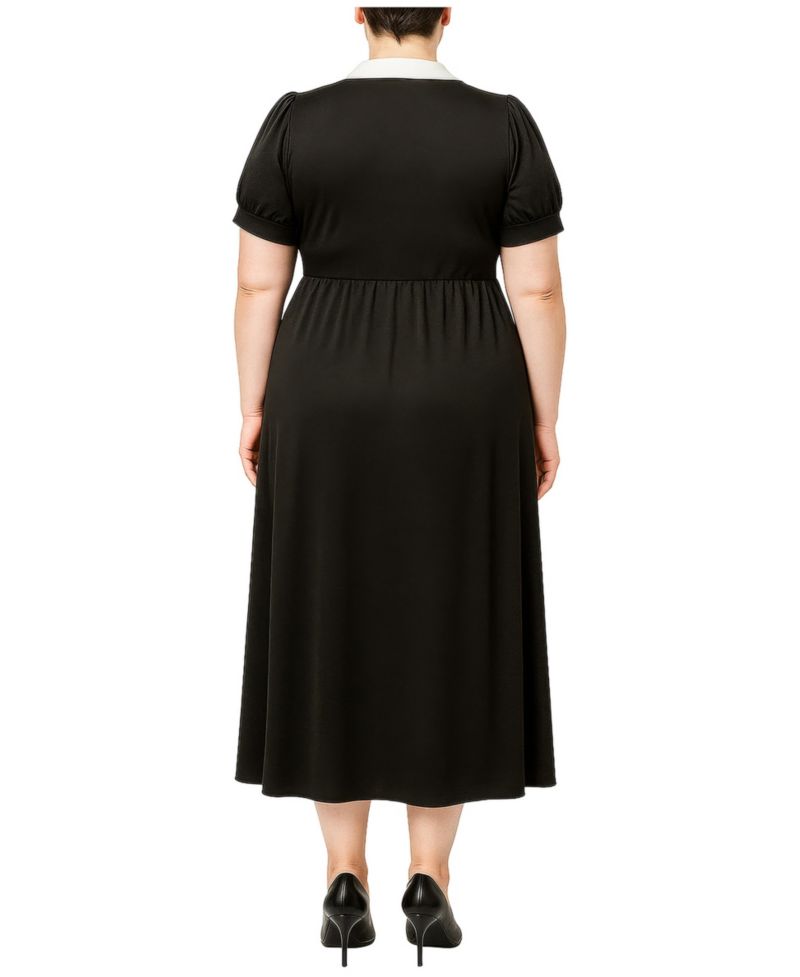 Plus Size Puff-Sleeve Contrast-Collar Midi Dress